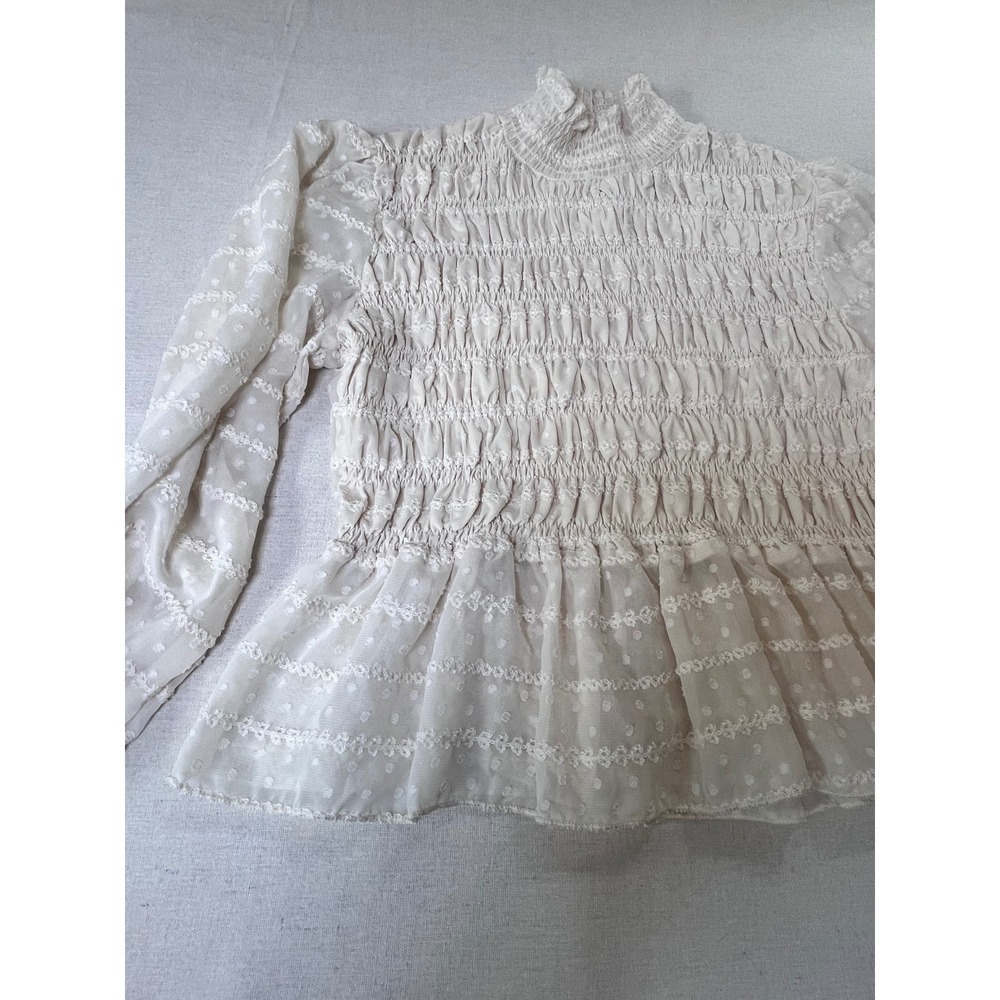 Cider Cream Smocked Peplum Blouse sz M Mock Neck Swiss Dot Embroidered Romantic - Picture 7 of 16